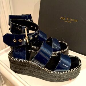 Navy patent ankle strap sandals w/black raffia wedge, size 10 by rag & bone